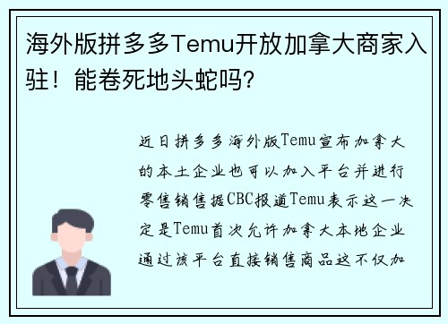 海外版拼多多Temu开放加拿大商家入驻！能卷死地头蛇吗？