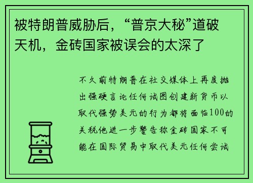 被特朗普威胁后，“普京大秘”道破天机，金砖国家被误会的太深了