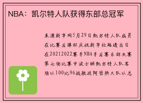 NBA：凯尔特人队获得东部总冠军