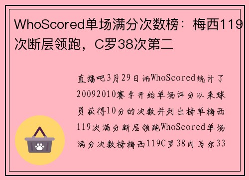 WhoScored单场满分次数榜：梅西119次断层领跑，C罗38次第二