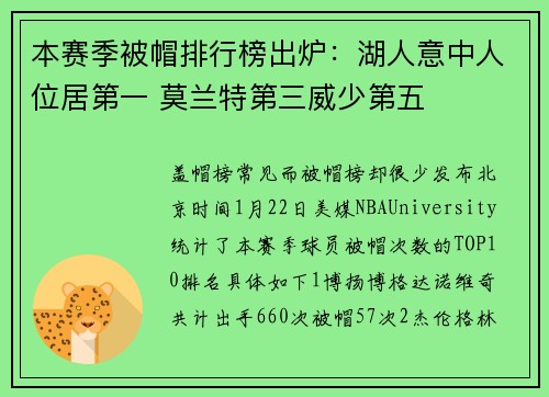 本赛季被帽排行榜出炉：湖人意中人位居第一 莫兰特第三威少第五