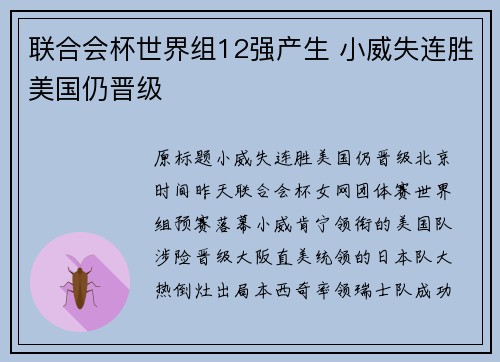 联合会杯世界组12强产生 小威失连胜美国仍晋级